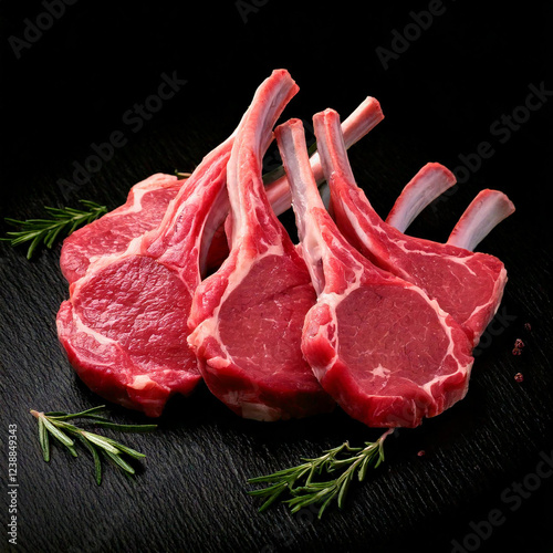 raw lamb rib chops isolated on black background