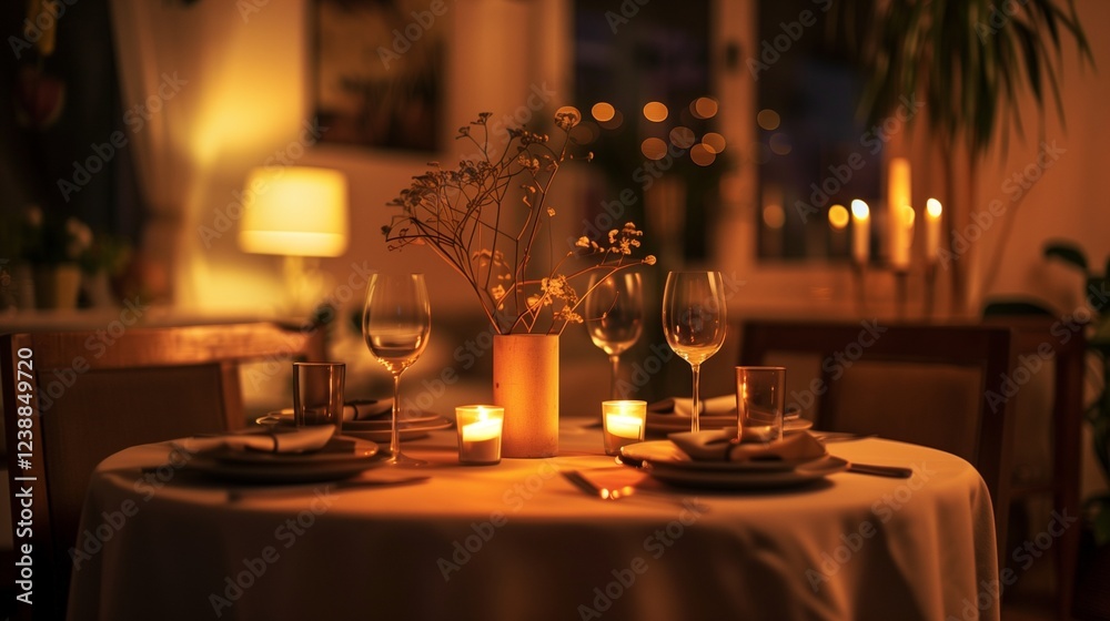 A round dining table set for two with elegant dinnerware, lit by candlelight, creating a warm, inviting ambiance in the softly lit room. A round dining table set for two with elegant dinnerware, lit by candlelight, creating a warm, inviting ambiance in the softly lit room.
