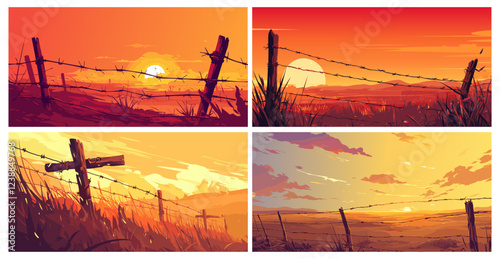Barbed wire. Cartoon sunset meadow landscape with security barb fence with wooden poles, prison war armed wall set vector illustration