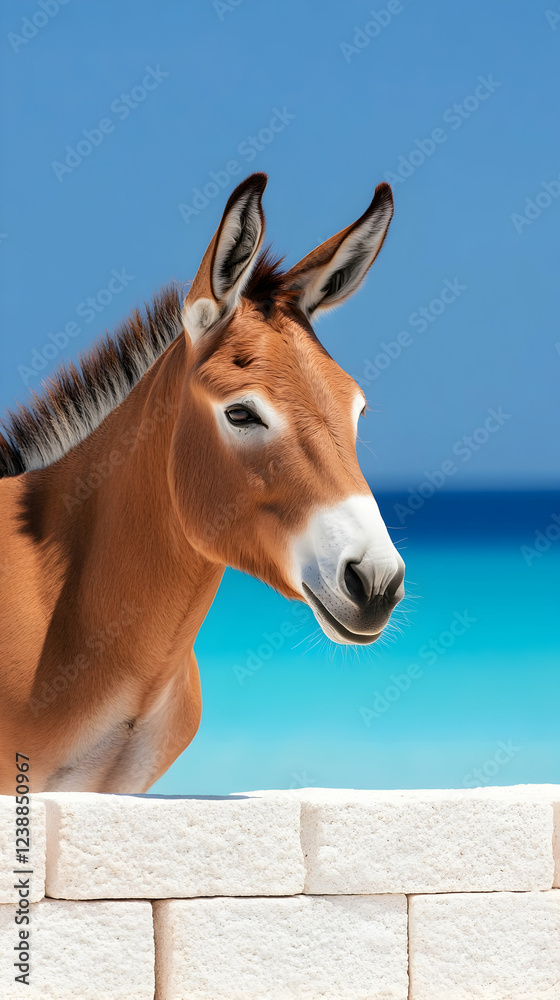 Donkey on beach wall, turquoise sea background, summer vacation Donkey on beach wall, turquoise sea background, summer vacation