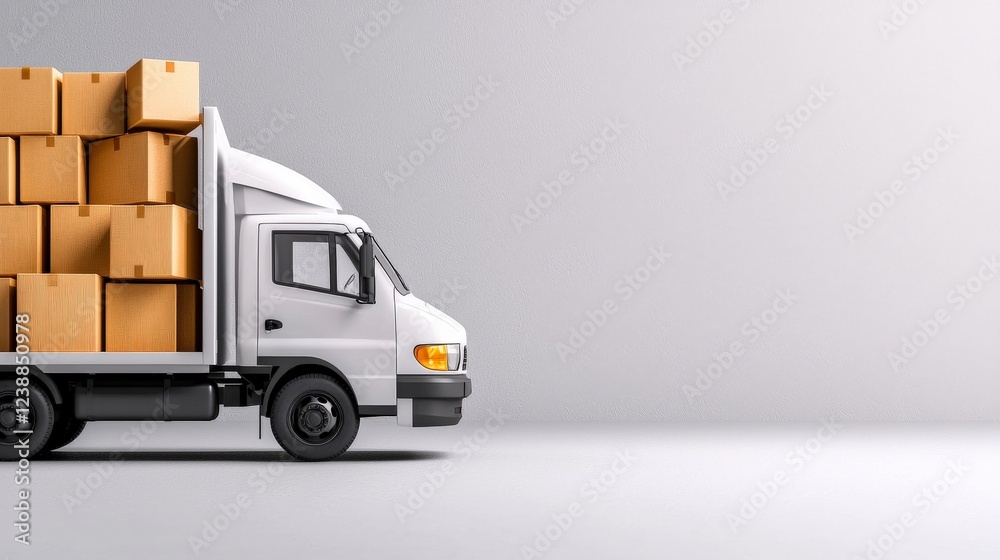 Delivery truck with stacked cardboard boxes on a minimalistic background for transportation or logistics theme Delivery truck with stacked cardboard boxes on a minimalistic background for transportation or logistics theme