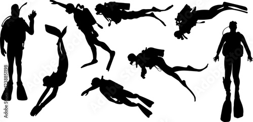 scuba divers in different poses collection, set silhouette on white background vector