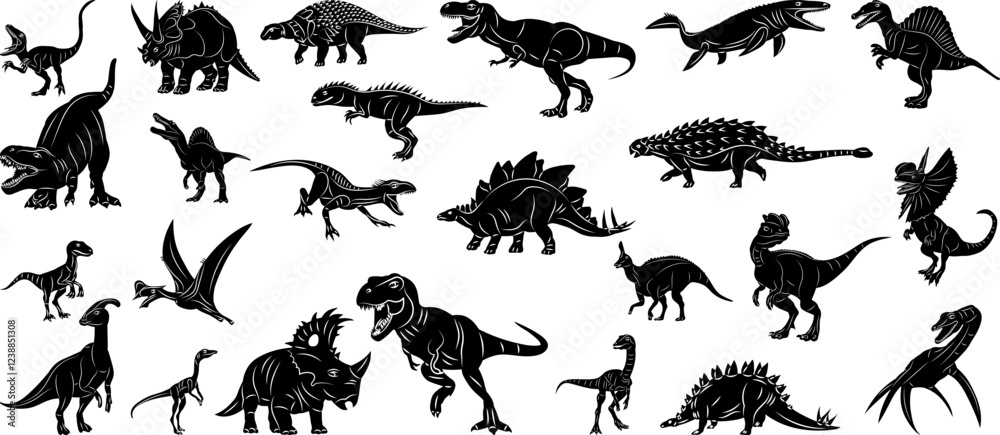 Naklejka premium dinosaurs collection, set silhouette on white background vector