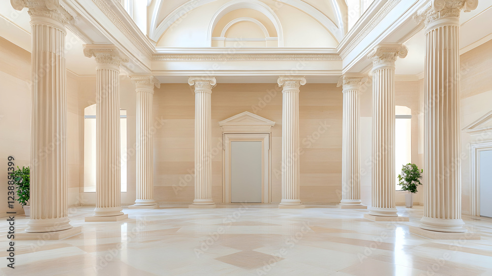 Obraz premium Elegant Classical Hallway Interior Design, Marble Floor, Sunlight, Plants