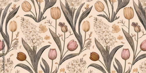 Repeating pattern of stylized tulips in muted earth tones with foliage on a light background.