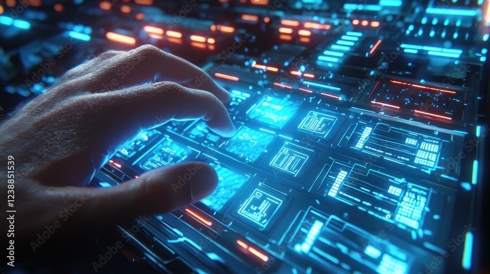 Futuristic Interface with A Hand Interacting with a Neon-Lit Digital Control Panel Futuristic Interface with A Hand Interacting with a Neon-Lit Digital Control Panel