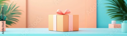 A beautifully wrapped gift sits on a vibrant blue table, surrounded by lush green plants and pastel-colored decor.