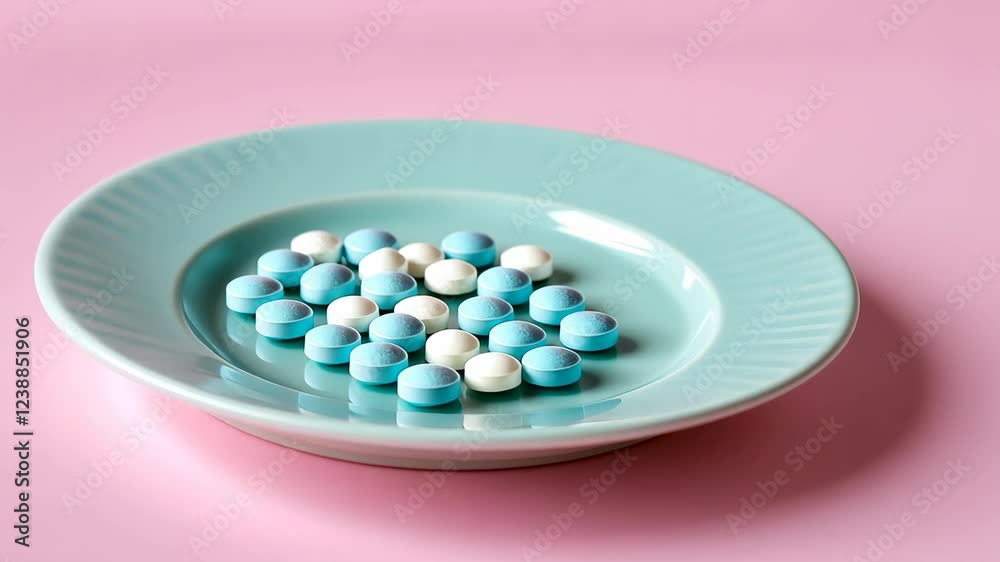 Colorful pills arranged neatly on a pastel plate against a soft pink background Colorful pills arranged neatly on a pastel plate against a soft pink background