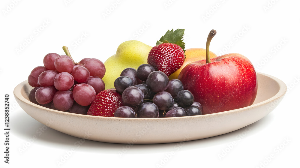 Fresh fruit bowl; apples, pears, grapes, strawberries; white background; healthy eating Fresh fruit bowl; apples, pears, grapes, strawberries; white background; healthy eating