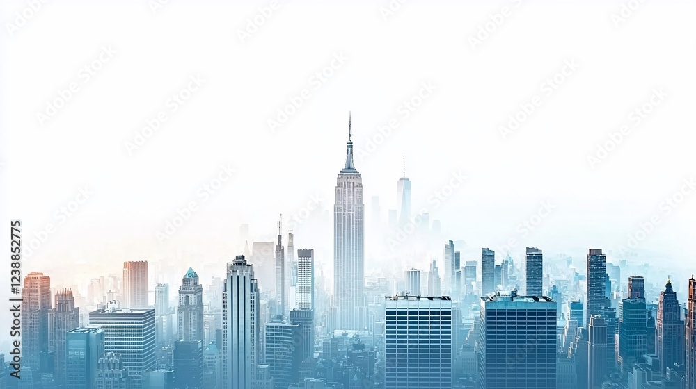 Fototapeta premium Cityscape, sunrise, hazy skyline, urban panorama, website banner