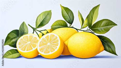 Wallpaper Mural Fresh lemons with leaves on branch, still life painting, light blue background, for food or health websites Torontodigital.ca
