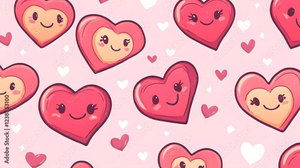 Cute Cartoon Hearts with Smiling Faces on Soft Pink Background Cute Cartoon Hearts with Smiling Faces on Soft Pink Background