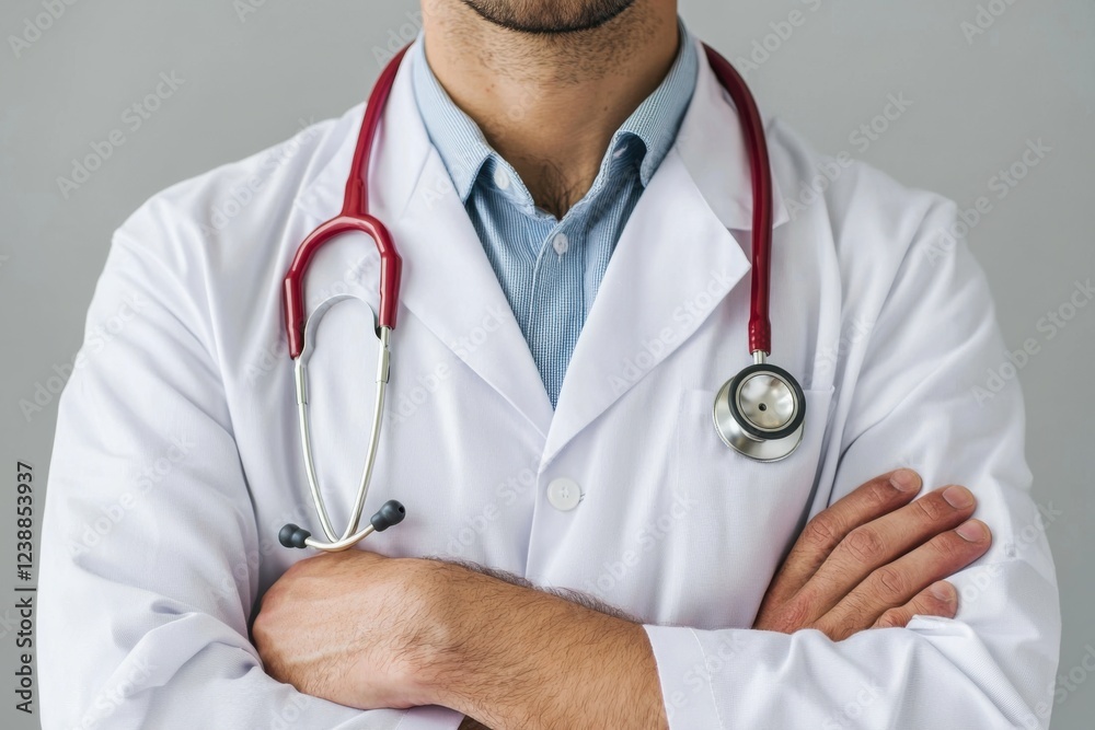 A male doctor in a white coat with a stethoscope stands confidently, arms crossed, against a neutral background. A male doctor in a white coat with a stethoscope stands confidently, arms crossed, against a neutral background.