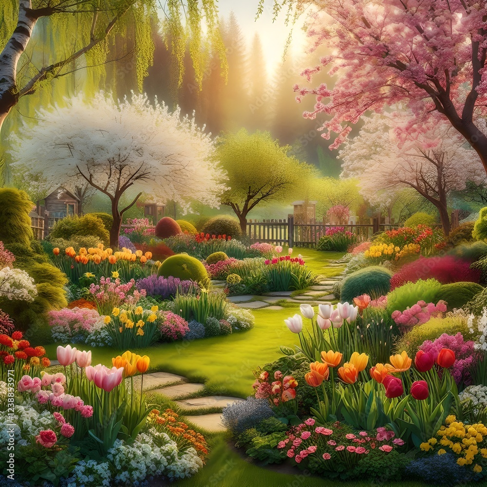 Fototapeta premium Beautiful spring garden with flowering trees and shrubs
