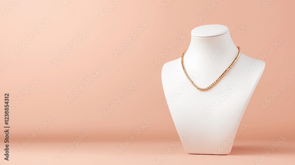 A elegant necklace displayed on a white bust against a soft peach background, highlighting its design and craftsmanship. A elegant necklace displayed on a white bust against a soft peach background, highlighting its design and craftsmanship.
