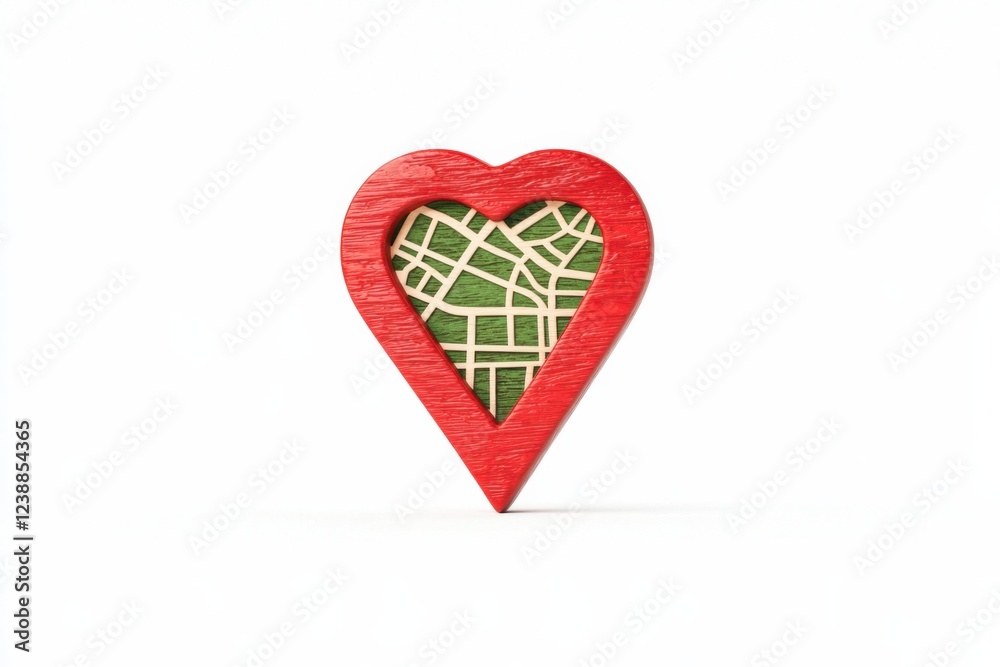 A red heart shape encases a green map, symbolizing love for travel or a special place. A red heart shape encases a green map, symbolizing love for travel or a special place.