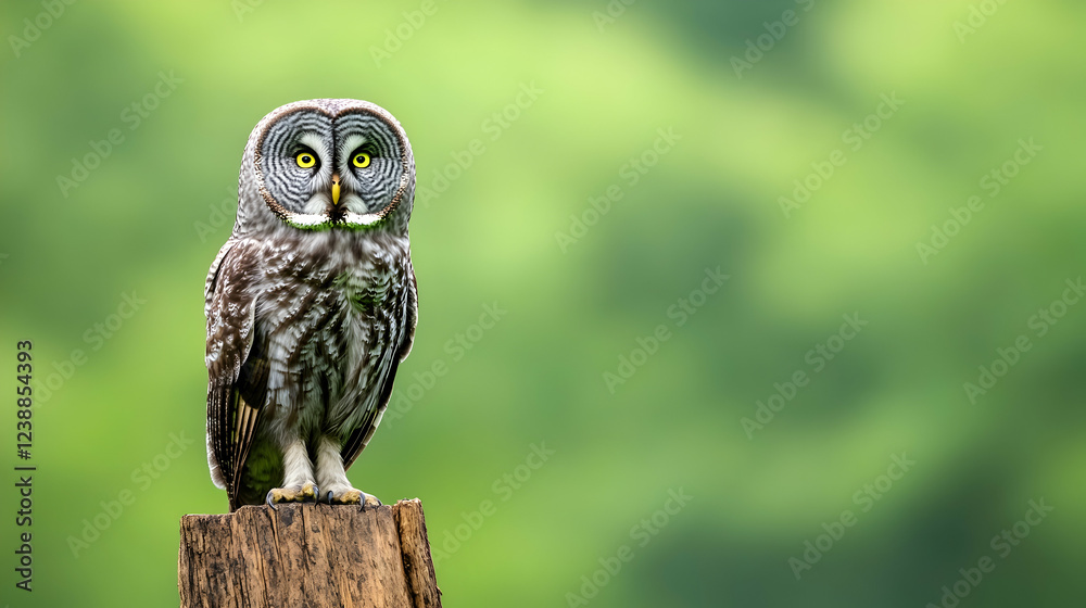 Great grey owl perched on a stump in a green forest. Nature wildlife photography for websites or prints Great grey owl perched on a stump in a green forest. Nature wildlife photography for websites or prints