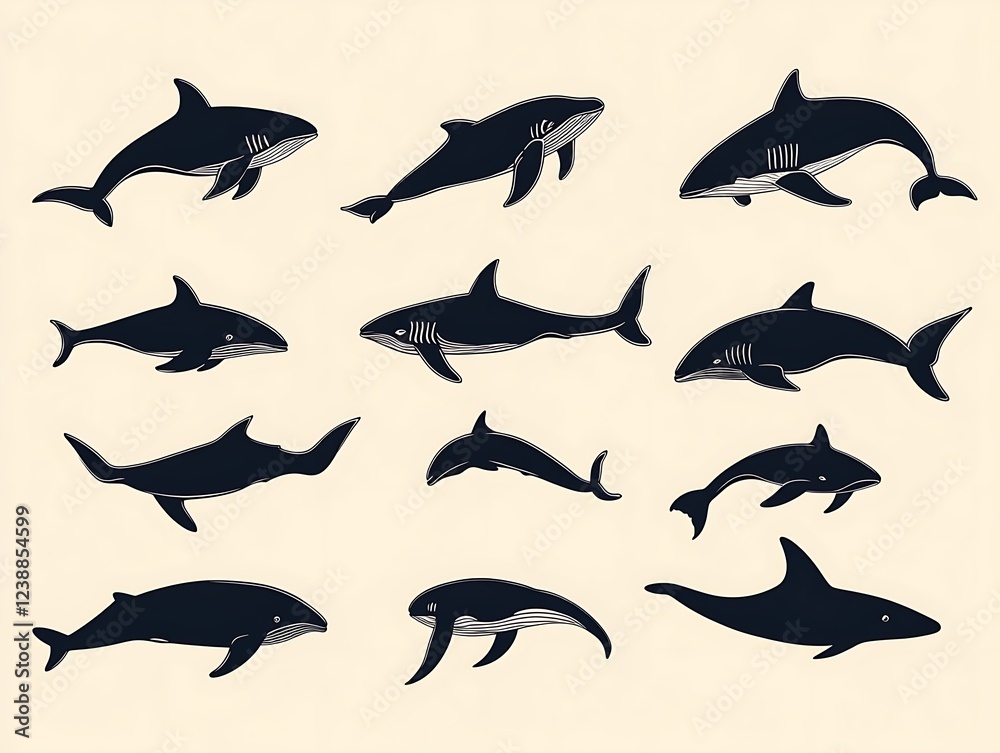 Twelve stylized shark silhouettes in various poses. Twelve stylized shark silhouettes in various poses.
