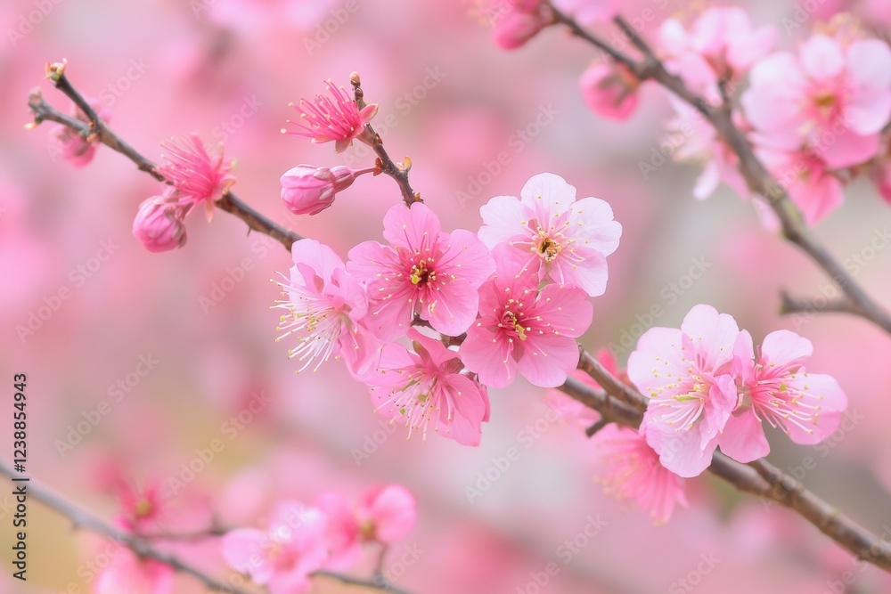 A beautiful close-up of pink cherry blossoms blooming on slender branches, creating a soft and delicate floral scene. A beautiful close-up of pink cherry blossoms blooming on slender branches, creating a soft and delicate floral scene.