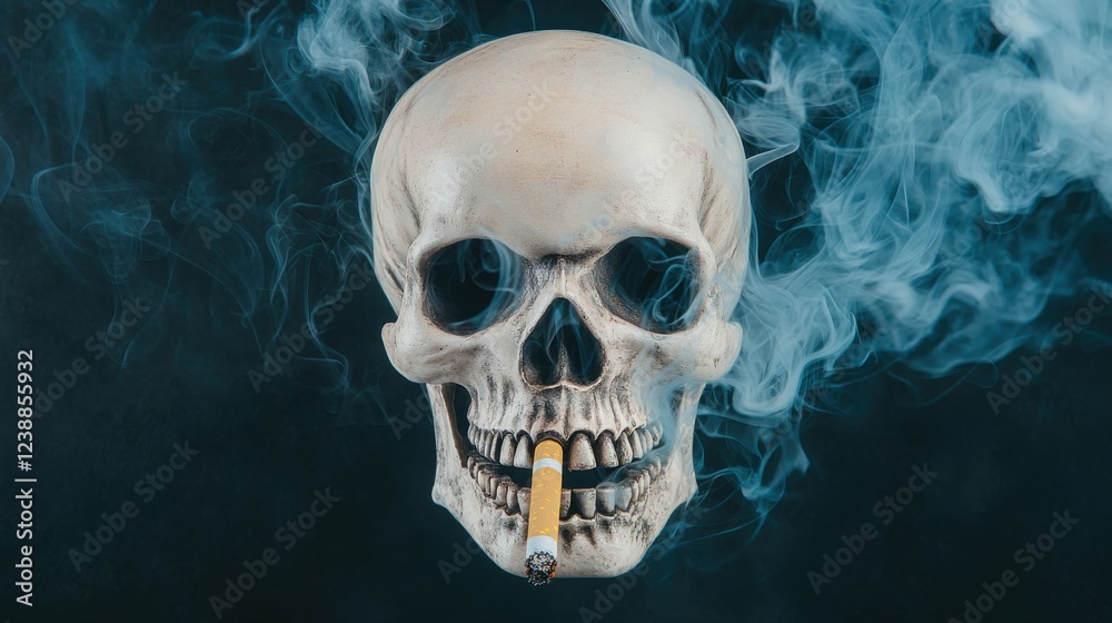 A skull with a cigarette in its mouth, surrounded by swirling smoke, symbolizes the juxtaposition of life and death.
