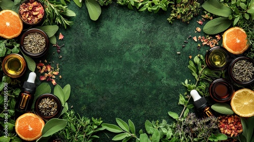 Wallpaper Mural A vibrant arrangement of herbs, essential oils, and citrus fruits on a dark green background, creating a natural and organic aesthetic. Torontodigital.ca