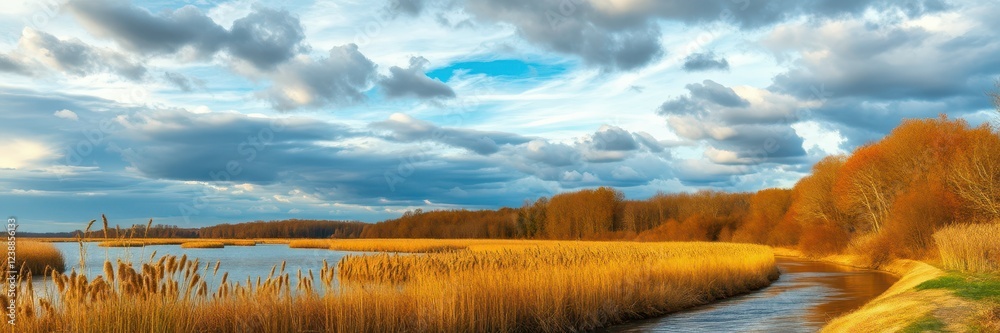 Obraz premium Golden reeds line a calm river, creating a peaceful autumn landscape