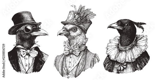 Birds in suit portrait. Sketch hand drawn wild feather animal pigeon crow in retro clothes hats set vector illustration