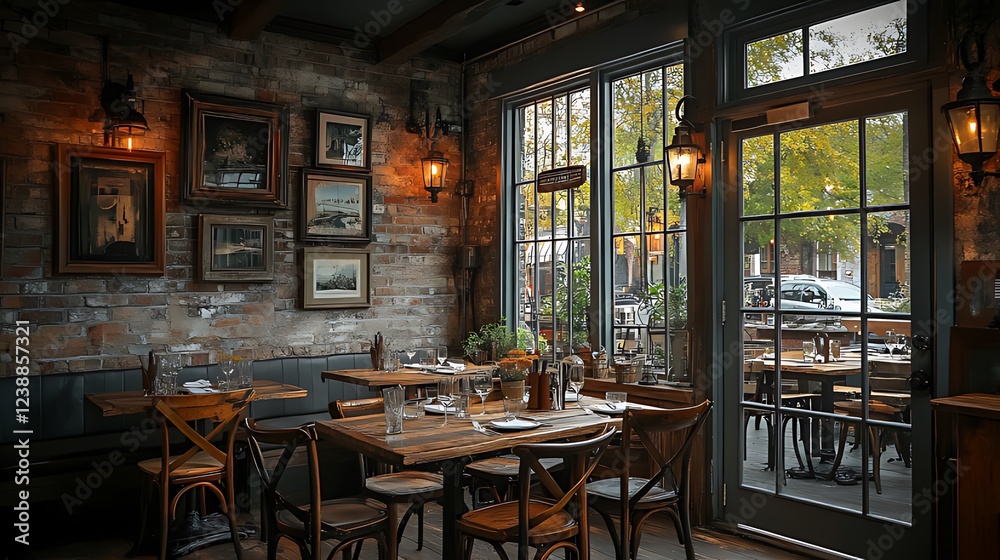 Rustic restaurant interior, city view, tables set, autumn Rustic restaurant interior, city view, tables set, autumn