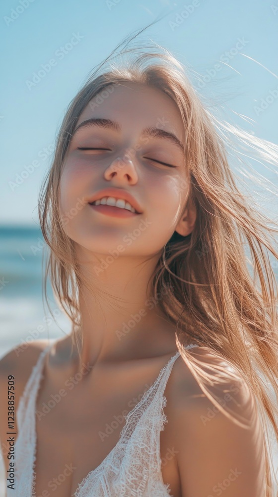 girl with closed eyes on seaside blue sky background girl with closed eyes on seaside blue sky background