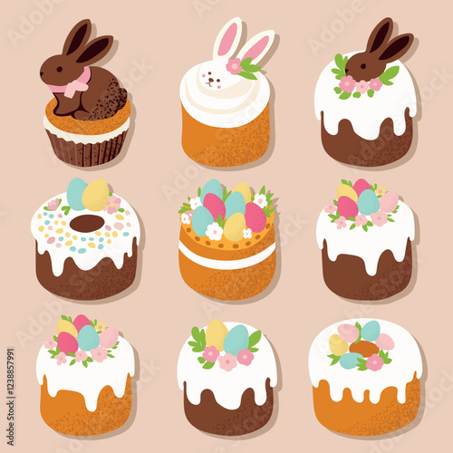 Easter cakes with cream and sprinkles. Easter treats and chocolate bunnies. Festive vector illustration set of Easter cakes and eggs.