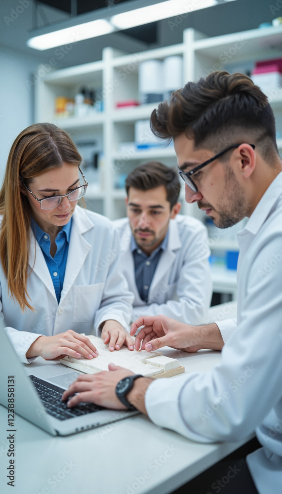 Curious team discussion Scientists collaborating on research project in laboratory Curious team discussion Scientists collaborating on research project in laboratory