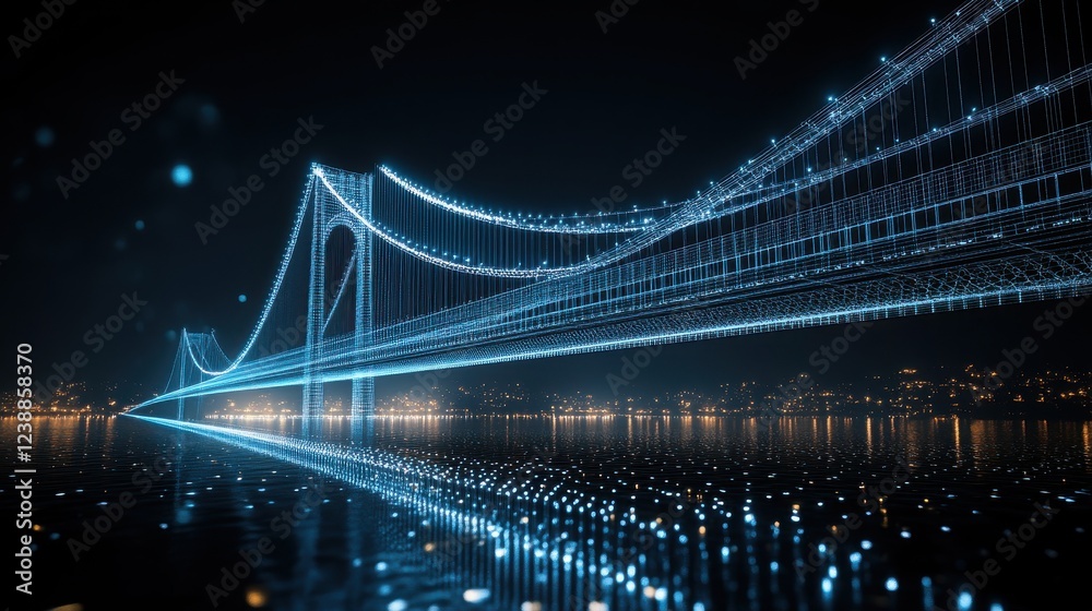 Obraz premium A glowing bridge illuminated by blue lights spans across dark waters, creating a stunning visual reflection in a nighttime urban landscape.