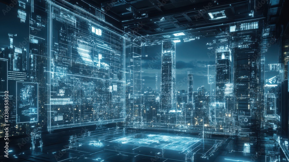 Naklejka premium A futuristic, digital cityscape viewed from a high-tech room with glowing holographic interfaces and towering skyscrapers.