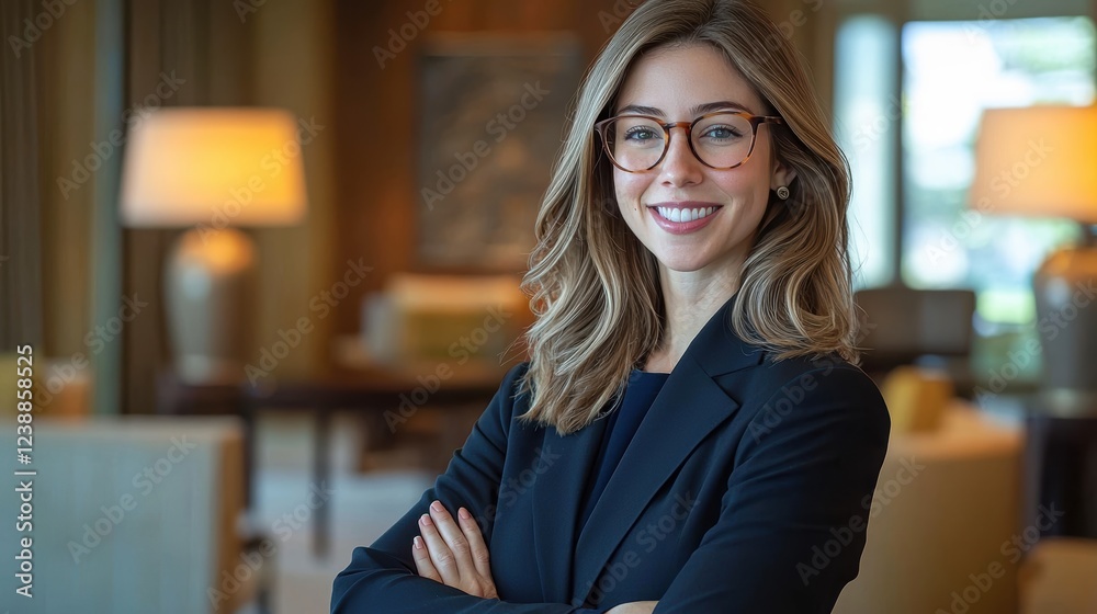 A confident woman in a black blazer smiles while crossing her arms, with stylish glasses, in a cozy, well-lit interior setting. A confident woman in a black blazer smiles while crossing her arms, with stylish glasses, in a cozy, well-lit interior setting.
