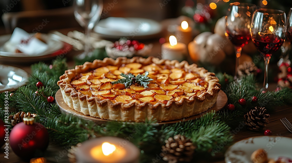 Festive Peach Tart on Christmas Table Festive Peach Tart on Christmas Table