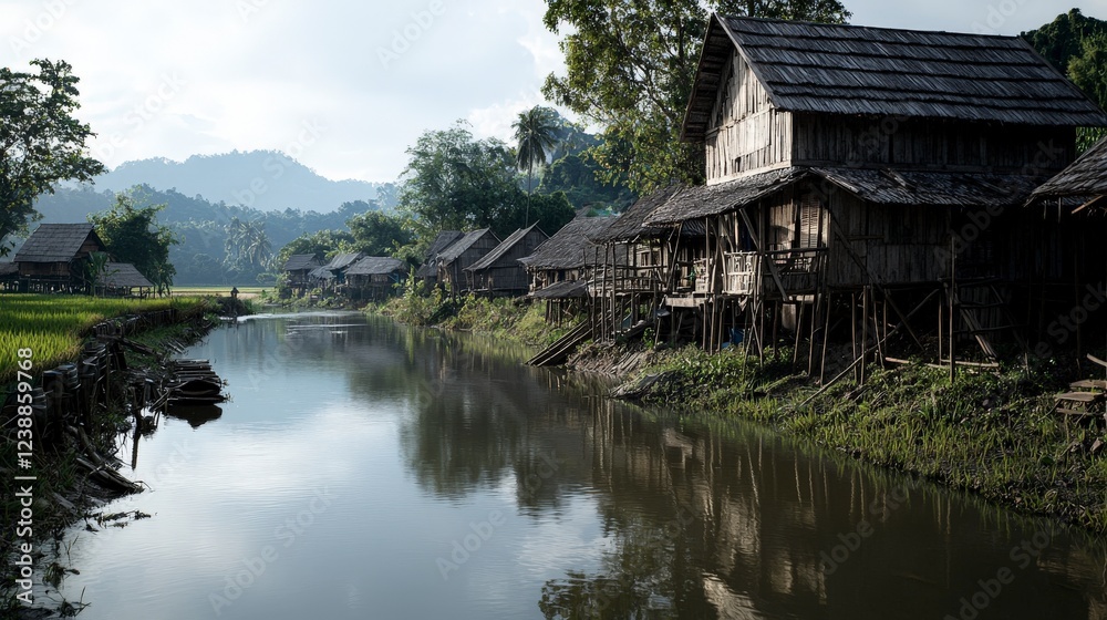 Tranquil river scene with traditional houses inburi thailand nature photography serene environment wide angle view Tranquil river scene with traditional houses inburi thailand nature photography serene environment wide angle view