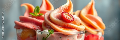 A close-up of a pink and orange fruit-flavored soft serve topped with a strawberry photo