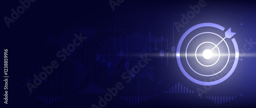 Business Target and Goal Strategy: Achieving Financial Success with Vision and Mission. Abstract blue background with darts, growth graphs, and strategic concepts.