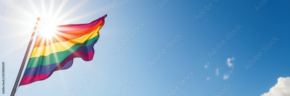 Fototapeta premium A colorful rainbow flag is seen billowing in the wind