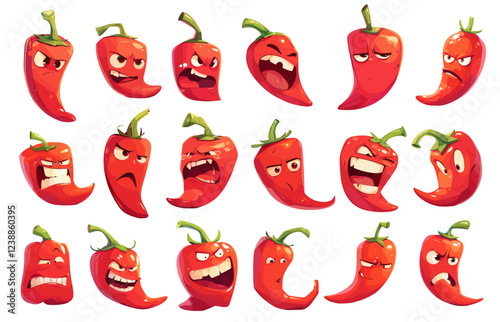 Cartoon hot pepper. Red spice food characters with funny faces, mexican chili jalapeno vegetable mascot set vector illustration