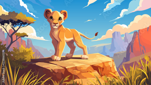 Cartoon lion cub. Big cat kitten zoo cute character, safari mammal mascot in africa landscape vector illustration