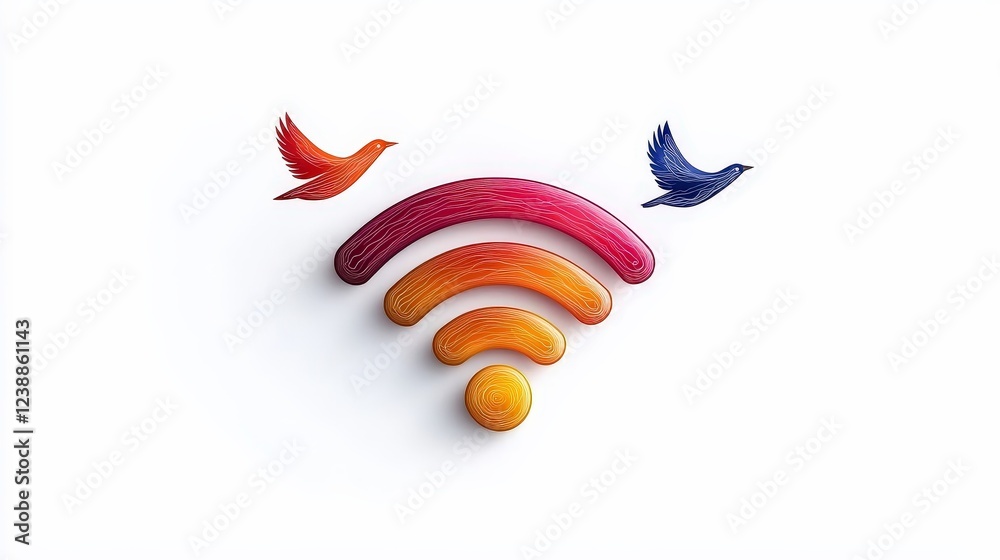 Fototapeta premium Colorful Wi-Fi Symbol Surrounded by Vibrant Birds in Artistic Design