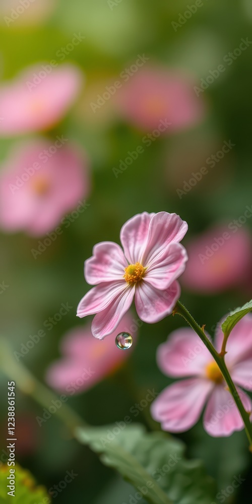 Delicate pink flower with water droplet in a vibrant garden setting during spring Delicate pink flower with water droplet in a vibrant garden setting during spring