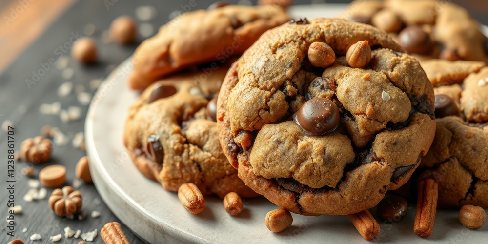 Homemade chocolate chip cookies arranged on a plate with nuts and sea salt for a delicious treat Homemade chocolate chip cookies arranged on a plate with nuts and sea salt for a delicious treat