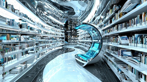 Futuristic library, curved shelves, glowing seat, city view photo