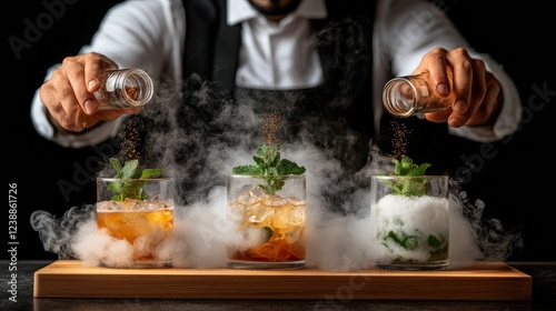 Hands of a bartender pouring a cocktail from a mixing glass, straining it through a sieve into a stemmed glass photo