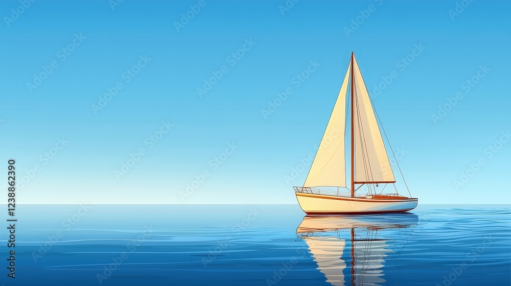 Fototapeta premium Tranquil Sailboat on Calm Water Under Clear Blue Sky for Peaceful Outdoor Scenery