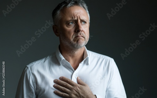 A middle-aged man wearing a white shirt, clutching his chest in pain, standing against a dark, blurred background. 