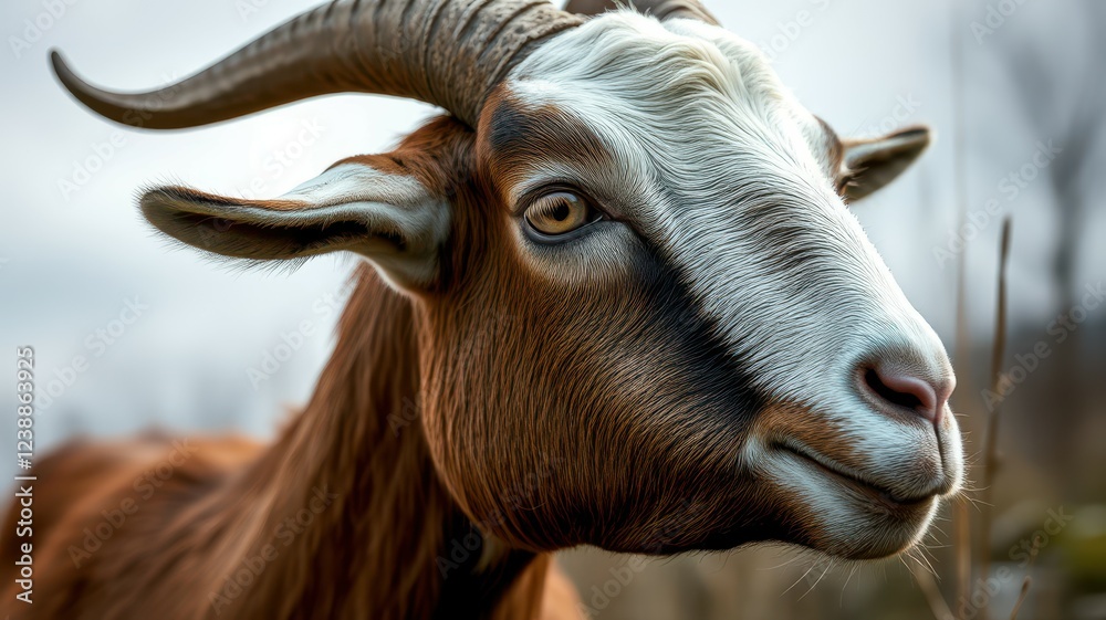 Goat standing calmly in a grassy field during an overcast afternoon in a rural area Goat standing calmly in a grassy field during an overcast afternoon in a rural area
