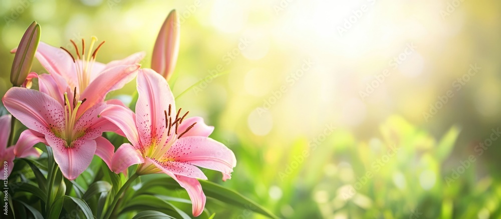 Pink lilies in sunlight with soft-focus background and green foliage, featuring vibrant flowers and natural bokeh, Copy Space Pink lilies in sunlight with soft-focus background and green foliage, featuring vibrant flowers and natural bokeh, Copy Space